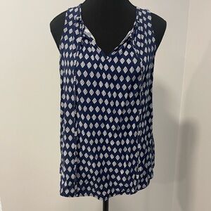 Anthropologie Pleione Navy Blue & White Tie-Front Geometric Blouse EUC